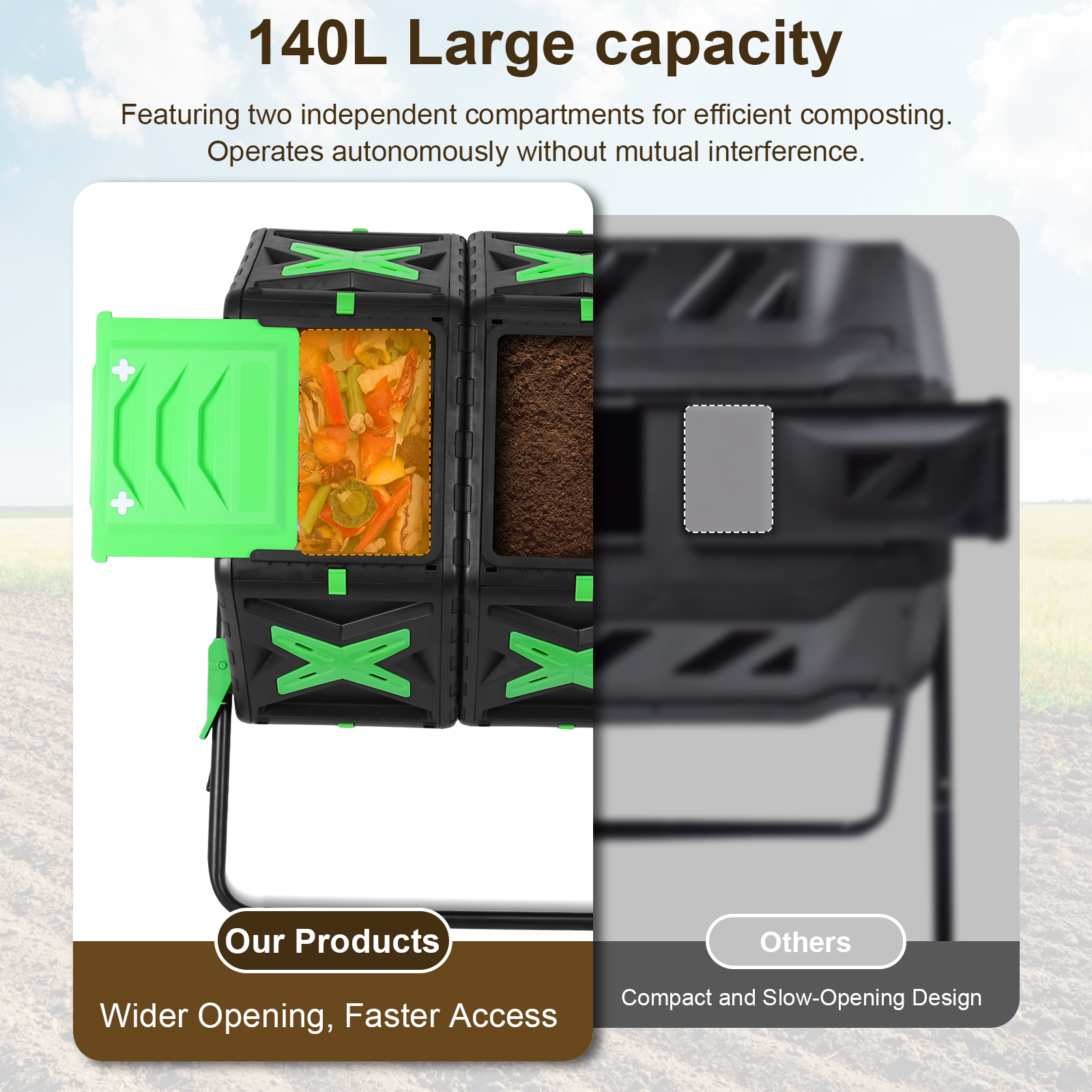 Compost Bin - 140L Dual Chamber Outdoor Tumbling Composting